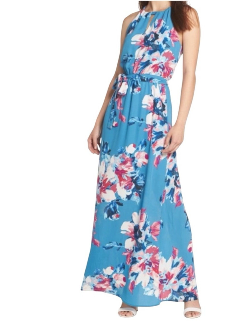 Charles Henry Blue & Pink Floral Halter Neck Resortwear Boho Maxi Dress Size XSP